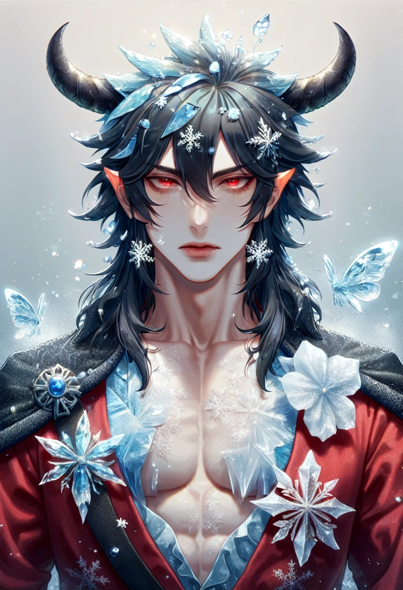 absurdres, highres, ultra detailed, HDR, master piece, best quality, extremely detailed face, delicated features, Xue Yu, untamed spiky hair, black hair, black long hair, hair between the eyes, expressive red eyes, Thousand Years War, solo, sexy man, handsome, toned chest, demon, black horns, devil tail, black cape with fur, red robes, accessories, patterns, fantasy, magical, ice butterflies, ice flowers, ice, snowflakes, starry sky, ice style
