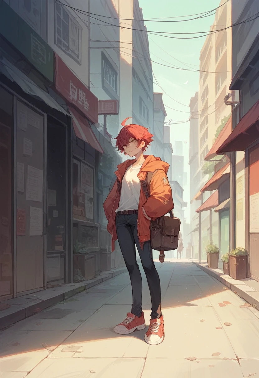 A girl with long red hair standing on the streets of the city during the day ultra hig res .