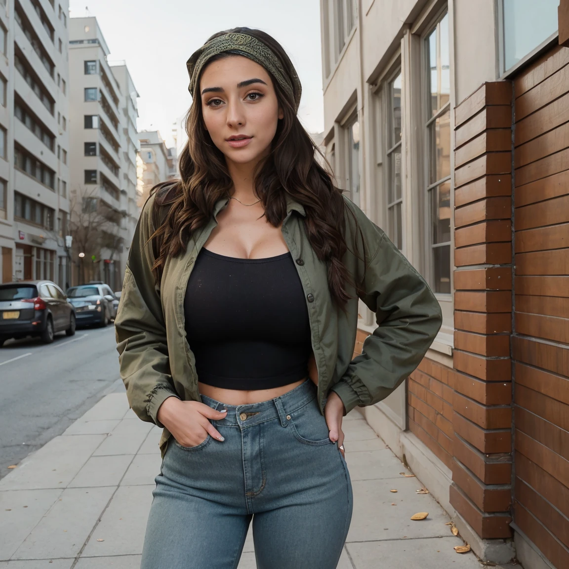 Extremely busty thin and toned brunette photographer, college girl, fair skin, loose side braid, soft face, athletic, bandana babushka headwrap, tight olive green casual windbreaker, skinny jeans. standing in front of her apartment building, outdoors, city, camera bag, cleavage