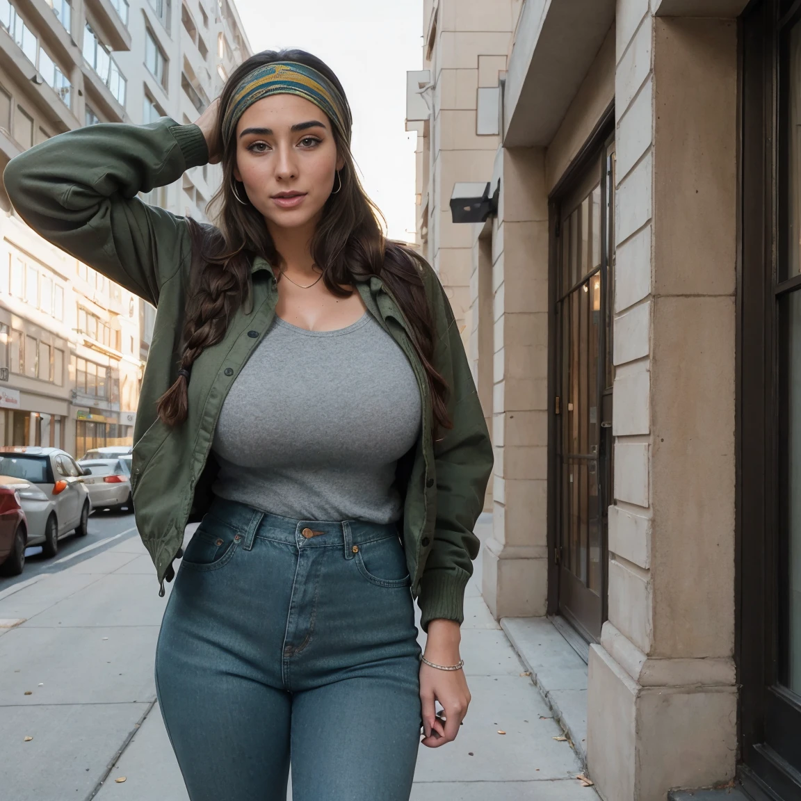 Extremely busty thin and toned brunette photographer, college girl, fair skin, loose side braid, soft face, athletic, bandana babushka headwrap, tight olive green casual windbreaker, skinny jeans. standing in front of her apartment building, outdoors, city, camera bag, cleavage