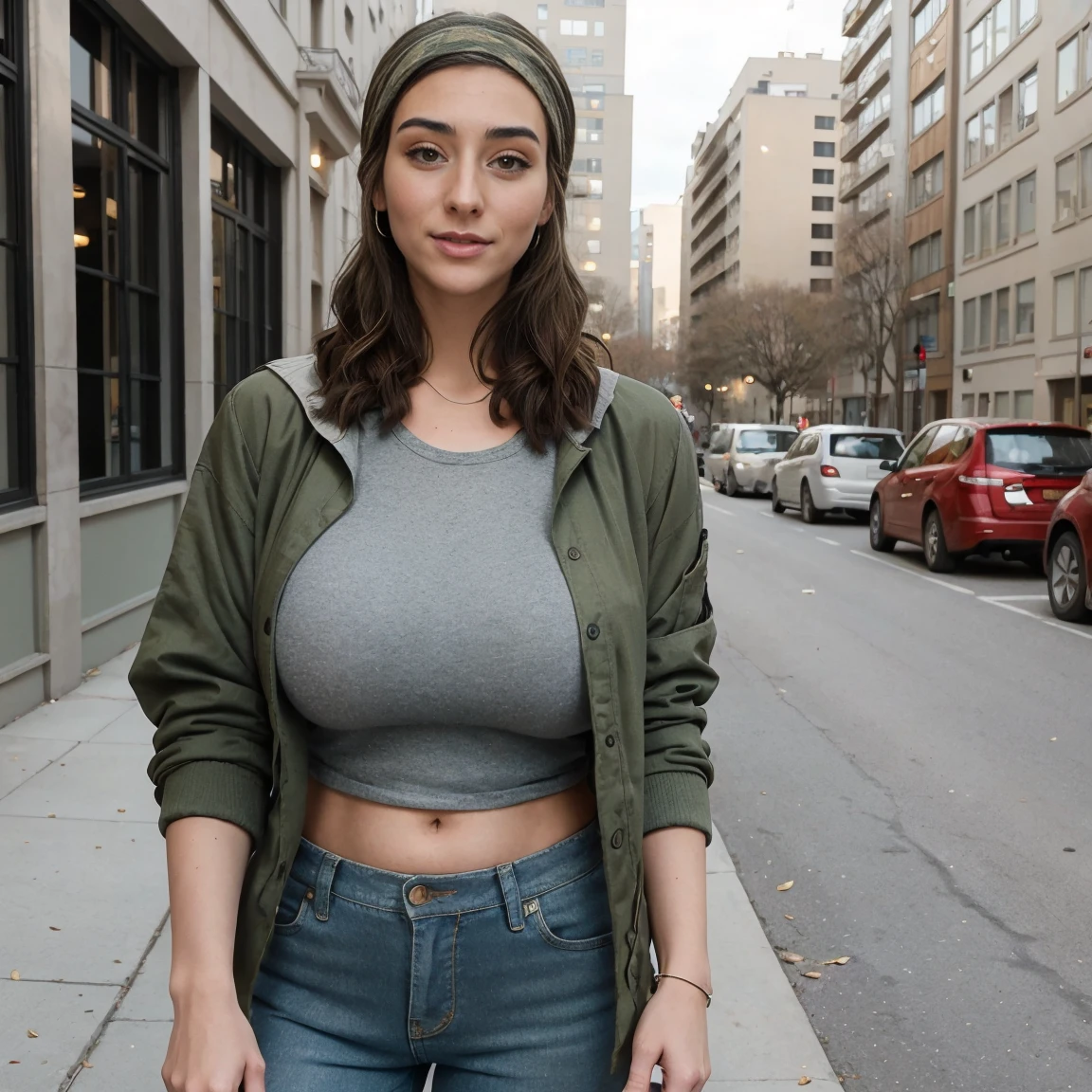 Extremely busty thin and toned brunette photographer, college girl, fair skin, loose side braid, soft face, athletic, bandana babushka headwrap, tight olive green casual windbreaker, skinny jeans. standing in front of her apartment building, outdoors, city, camera bag, cleavage