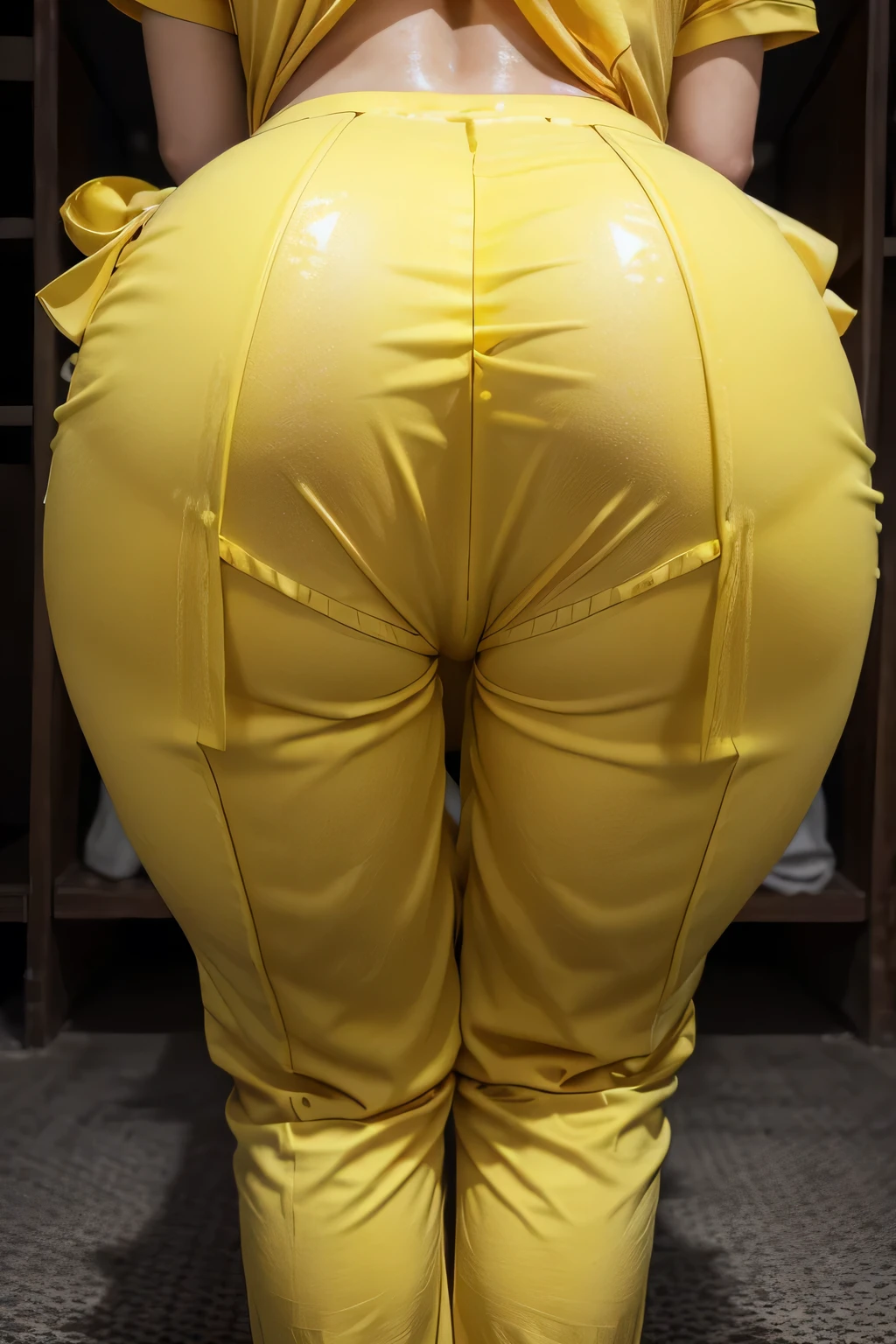 ((yellow short sleeve blouse)),((yellow long pants)),((Bow down and stick out your butt)),((My pants are covered in semen.)),((sweating a lot)),((Didn't shower)),((There is a cancerous smell from the armpits)),((Smelling odor from the groin)),((I didn’t wash my hair so my hair became matted)),((There's a foul smell coming from my pussy)),((A stinging smell comes from the pee hole.)),((Poop coming from the anus)),((smelly feet)),((innocent)),((Pretty lady))