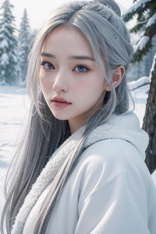 1girl, snow forest landscape, young woman wearing ainu-style clothing, long white hair tied back, strong gaze, white wolf, white dragon, grey cloudy sky, snowfall, (best quality,4k,8k,highres,masterpiece:1.2),ultra-detailed,(realistic,photorealistic,photo-realistic:1.37),cinematic lighting,dramatic scene,intricate details,fantasy,surreal
