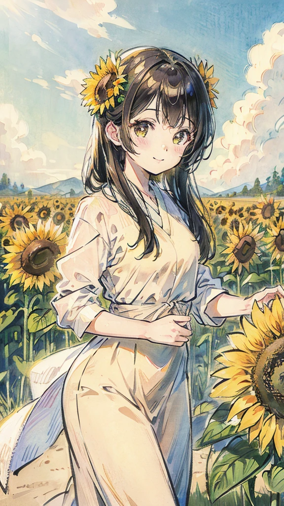 Sunflower field girl Onebees shy smile colored pencil drawing

