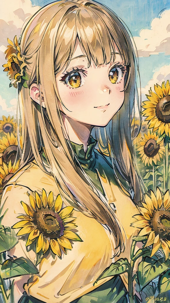 Sunflower field girl Onebees shy smile colored pencil drawing