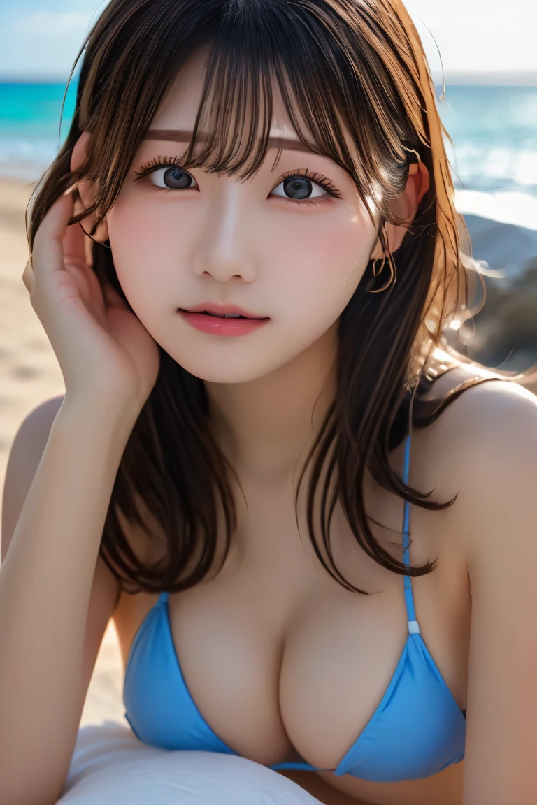 Highest quality, (beautiful)、Micro Bikini、Soft boobs、Beach、Sleeping on your stomach、Big 、Place your hand on your cheek、Close-up