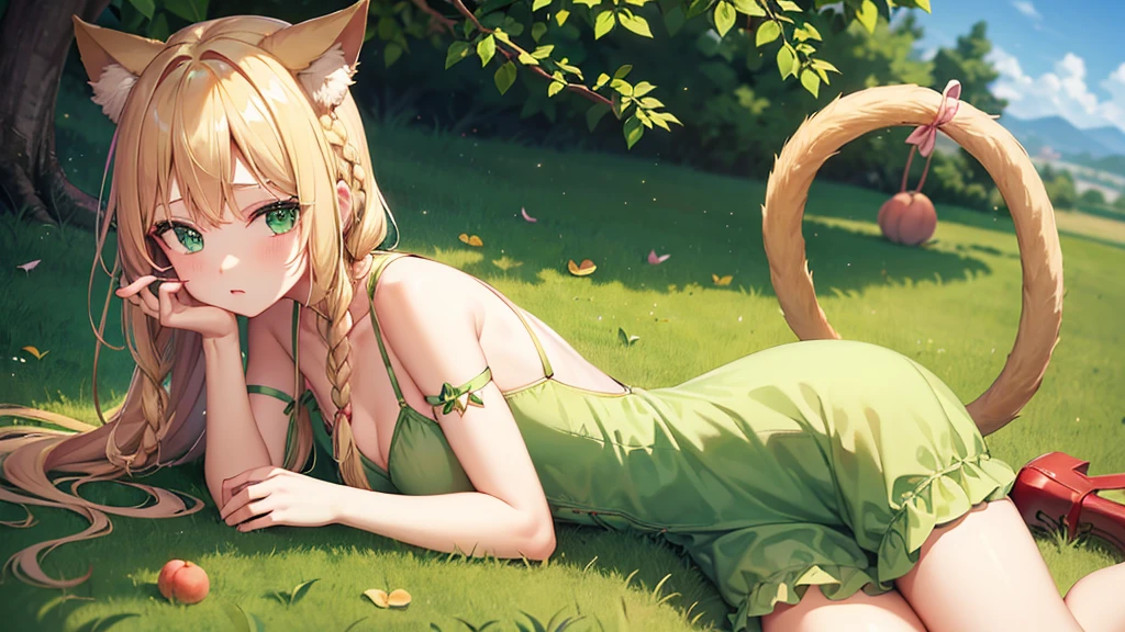 Girl, green eyes, blonde braids, pink drees, with peaches, cat ears and tail