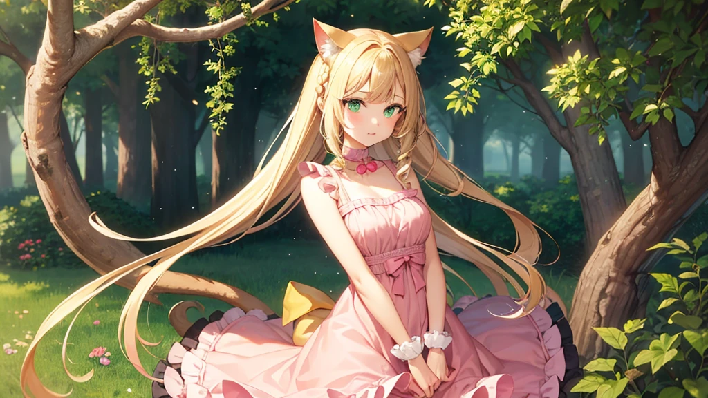 Girl, green eyes, blonde braids, pink drees, with peaches, cat ears and tail