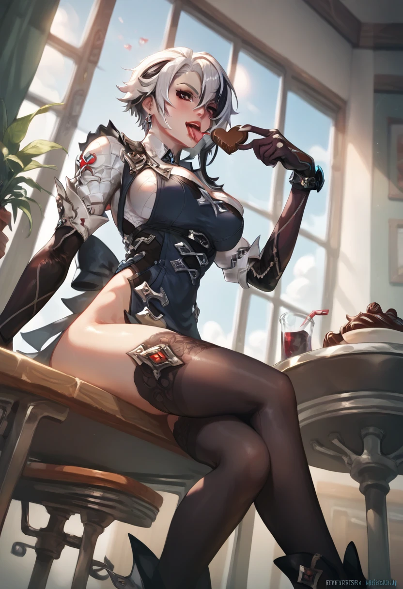 score_9, score_8_up, score_7_up, score_6_up, score_5_up, Arlecchino_\(genshin_impact\), white hair, black hair, black eyes, red pupils, x-shaped pupils
a sexy mature woman sitting on a desk in a sexy pose licking chocolate off her fingers, 1girl, naked apron, from below, knee up, sitting, on table, thigh focus, finger to mouth, holding egg beater, large breasts, zettai ryouiki, lace-trimmed thighhighs, black legwear