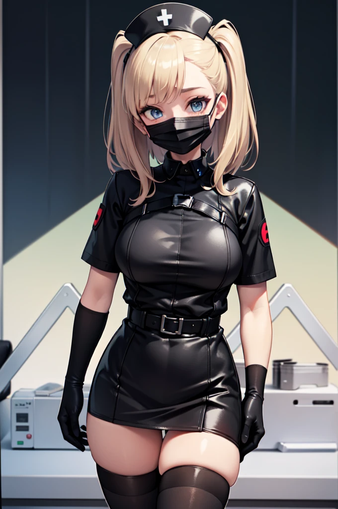 black nurse, 1woman, solo, black nurse cap, black nurse uniform, ((black legwear, zettai ryouiki)), black elbow gloves, blonde hair, blue eyes, ((black surgical mask, covered nose)), standing, ((surgery room)), sharp outline, short sleeves, mature female, 35 years old, best quality, masterpiece