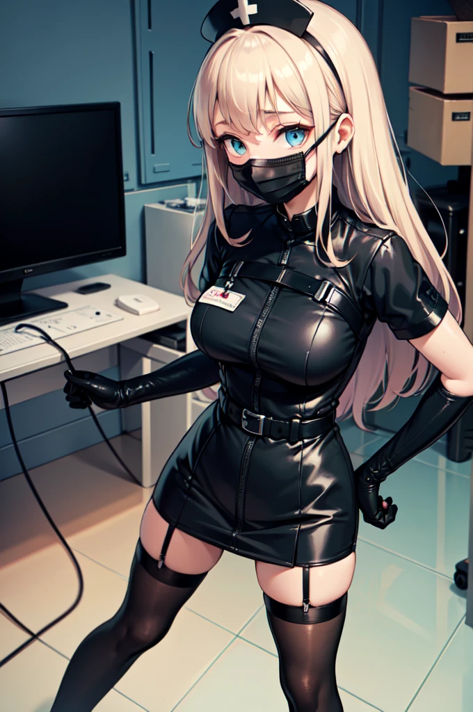 black nurse, 1woman, solo, black nurse cap, black nurse uniform, ((black legwear, zettai ryouiki)), black elbow gloves, blonde hair, blue eyes, ((black surgical mask, covered nose)), standing, ((surgery room)), sharp outline, short sleeves, mature female, 35 years old, best quality, masterpiece