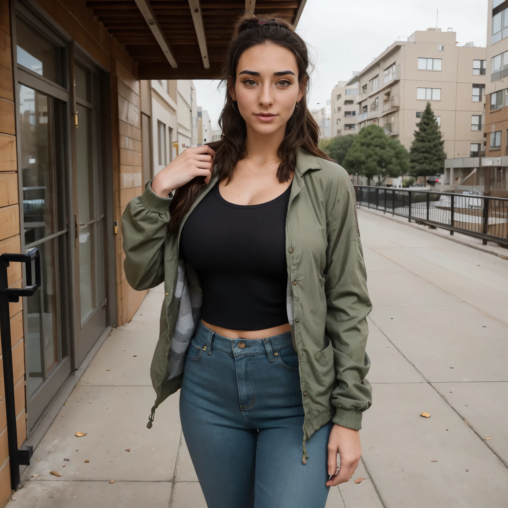 Extremely busty thin and toned brunette photographer, college girl, fair skin, loose ponytail, soft face, athletic, bandana babushka headwrap, tight olive green casual windbreaker, skinny jeans. standing in front of her apartment building, outdoors, city, camera bag, cleavage 