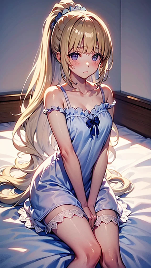 kei Karuizawa, blonde, long ponytail, violet eyes, wavy hair wearing a light, white transparant nightgown. The girl should have a thoughtful expression, blush on her cheeks, lie down on the bed with a serene atmosphere. Include delicate details like lace and soft shadows to enhance the overall gentle and dreamy ambiance