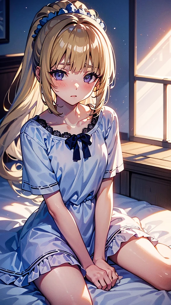 kei Karuizawa, blonde, long ponytail, violet eyes, wavy hair wearing a light, white transparant nightgown. The girl should have a thoughtful expression, blush on her cheeks, lie down on the bed with a serene atmosphere. Include delicate details like lace and soft shadows to enhance the overall gentle and dreamy ambiance