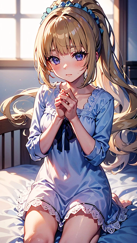 kei Karuizawa, blonde, long ponytail, violet eyes, wavy hair wearing a light, white transparant nightgown. The girl should have a thoughtful expression, blush on her cheeks, lie down on the bed with a serene atmosphere. Include delicate details like lace and soft shadows to enhance the overall gentle and dreamy ambiance