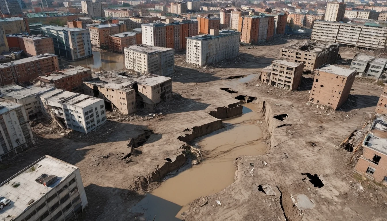 Cityscape, large modern city with several buildings. The whole city seems to be twisted and ravaged. The ground is distorted and forms several zones between several blocks of buildings. Some zones are raised in height others are lowered. The majority of buildings are destroyed and in ruins, the streets are partly destroyed and some areas are flooded. Crevices and chasms formed between several buildings creating fragments of land. There are several holes in the roads like in the buildings. The place seems deserted. [Ruins] [Modern city] [Urban landscape] [Destruction] [Building] [Abandoned] [Outline] [Crevasses] [Chasm]