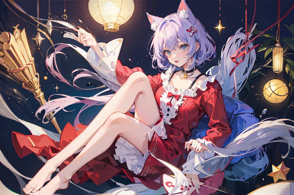 Girl in cat pajamas bathrobe pajamas with cat ears and tail