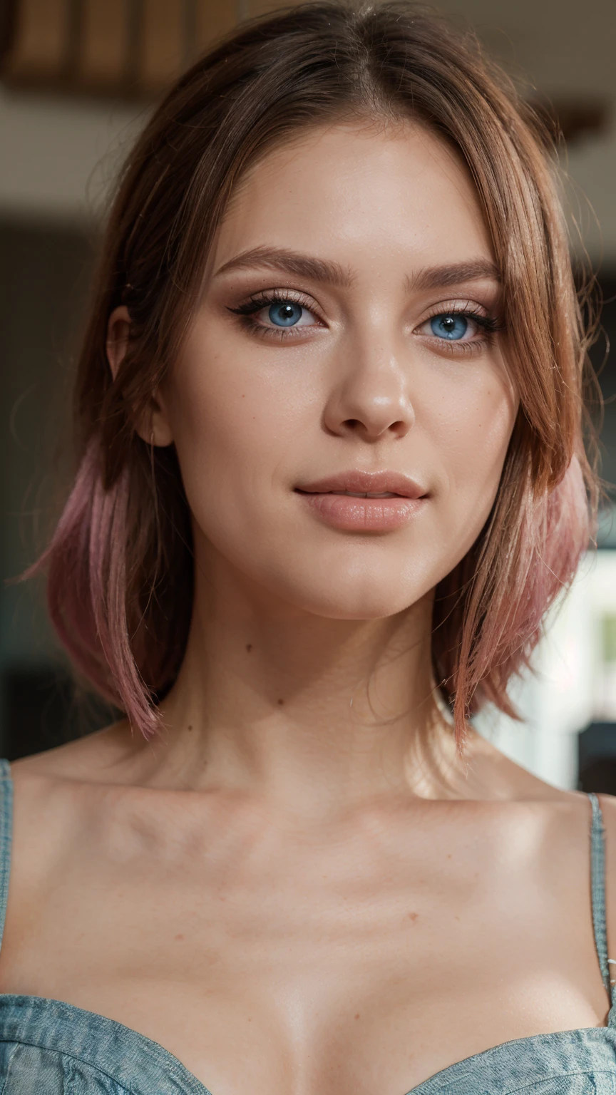 19 year old female, Pink hair, Masterpiece, Realistic, Well formed visual, High quality, Clean clothes, Slender body, Innocent face, Naturally wavy hair, Blue eyes, High resolution, Best quality, Intricate details, Very detailed, Sharp focus, Detailed skin, Realistic skin texture, Texture, Detailed Eyes, Professional, 4k, Charming Smile, Shot on Canon, 85mm, shallow depth of field, Kodak Vision Color, Perfectly aligned body, Very detailed, Photo_\(Ultra\), PhotoRealistisch, Realistic, Post-processing, Maximum Detail, Roughness, Real Life, Ultrarealistic, Photorealism, Photography, 8k UHD, Photography, intimacy atmosphere