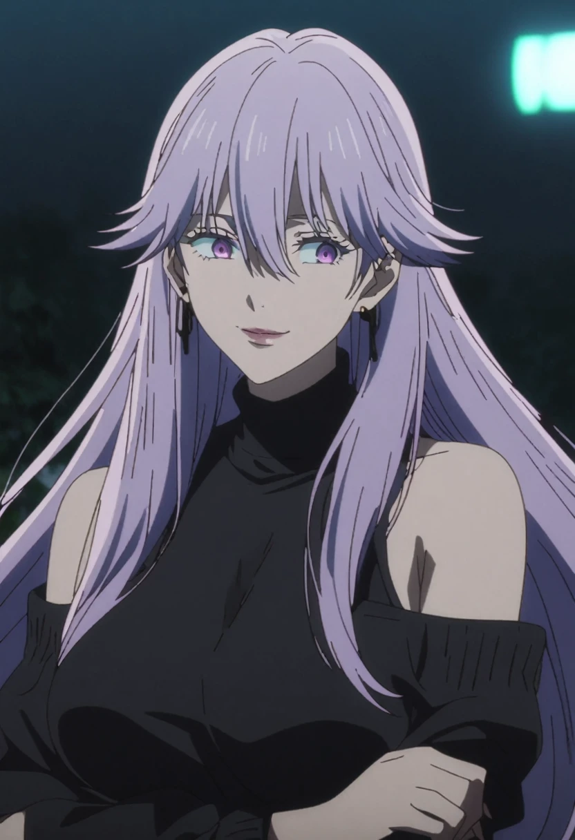 1girl, female gojo satoru, anime screencap from jujutsu kaisen, gojo satoru female version, solo, long_hair, purple eyes (purple_hair)), night view, (hanging breasts) upper_body, smile, purple_eyes, lips, ((wearing black colour sweater, bare shoulder)) breast, "very detailed and high resolution" (purple eyes) ((cross arms)) ((long waby hair, hair between eyes)) ((solo)) (front view) (earings) ((high resolution)) ((good quality))