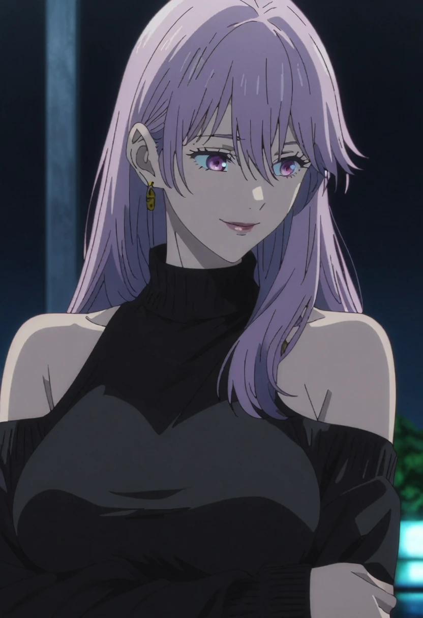 1girl, female gojo satoru, anime screencap from jujutsu kaisen, gojo satoru female version, solo, long_hair, purple eyes (purple_hair)), night view, (hanging breasts) upper_body, smile, purple_eyes, lips, ((wearing black colour sweater, bare shoulder)) breast, "very detailed and high resolution" (purple eyes) ((cross arms)) ((long waby hair, hair between eyes)) ((solo)) (front view) (earings) ((high resolution)) ((good quality)) 