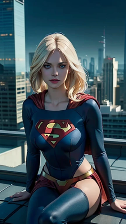 supergirl, sitting on a rooftop building, lost in deep thought, looking at the city, perfect eye, beautiful highly detailed eyes, beautiful blue eyes, both eyes are similar, beautiful detailed lips, extremely detailed face, long eyelashes, beautiful detailed tight costume, tight figure, blonde hair, big breasts, dynamic pose, cinematic lighting, epic cityscape, moody atmosphere, dramatic shadows, vibrant colors, photorealistic, 8k, best quality, hyper detailed, masterpiece