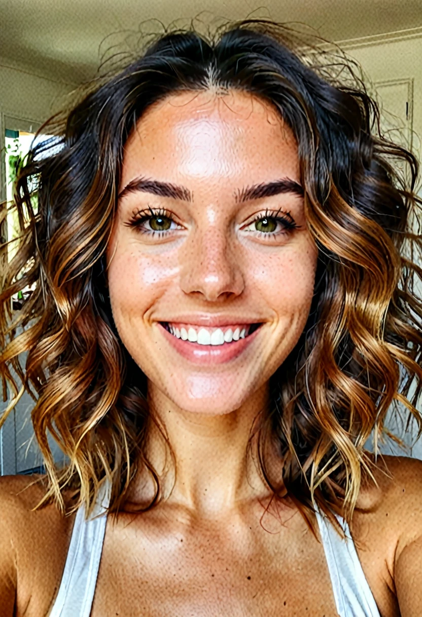 selfie instagram , une femme magnifique de 25 ans , léger sourire , visage et yeux détaillés , Éclairage naturel , à la maison , cheveux bouclés, porter un costume ajusté, grain de film, faible contraste, visage naturel , barbe, cheveux noirs , yeux verts