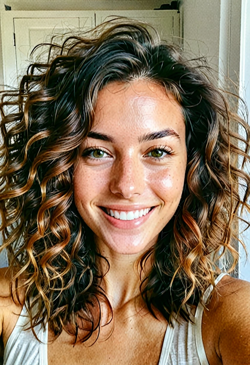 selfie instagram , une femme magnifique de 25 ans , léger sourire , visage et yeux détaillés , Éclairage naturel , à la maison , cheveux bouclés, porter un costume ajusté, grain de film, faible contraste, visage naturel , barbe, cheveux noirs , yeux verts