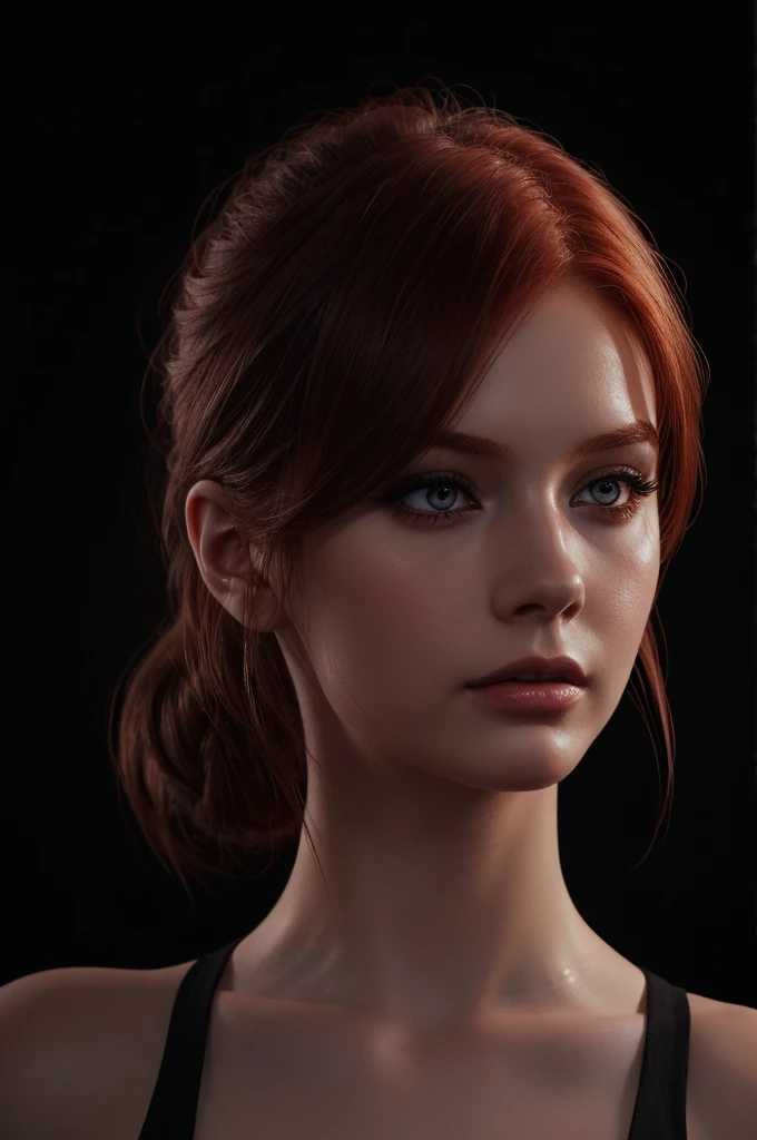 woman with medium-hair , Auburn-red-hair, pale,soft body,eyeliner,portrait, beautiful woman, beautiful female ,beautiful ,eyeliner , elegant, digital painting, smooth, dramatic lighting, ultra realistic, 8k, art , blur backgrond, black background ,black background,black wallpaper