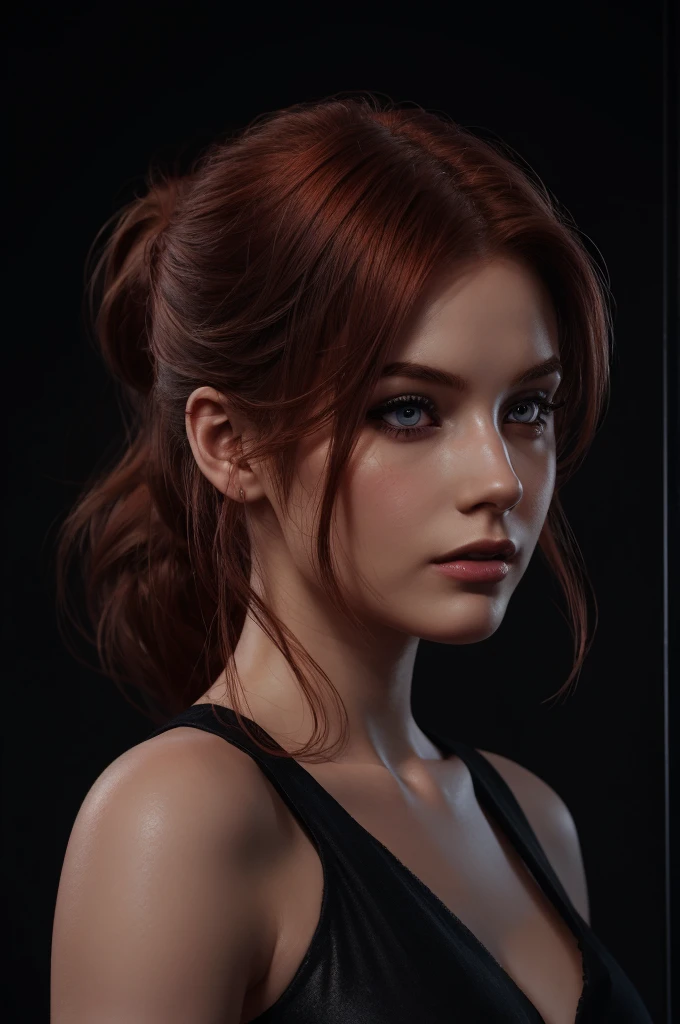 woman with medium-hair , Auburn-red-hair, pale,soft body,eyeliner,portrait, beautiful woman, beautiful female ,beautiful ,eyeliner , elegant, digital painting, smooth, dramatic lighting, ultra realistic, 8k, art , blur backgrond, black background ,black background,black wallpaper