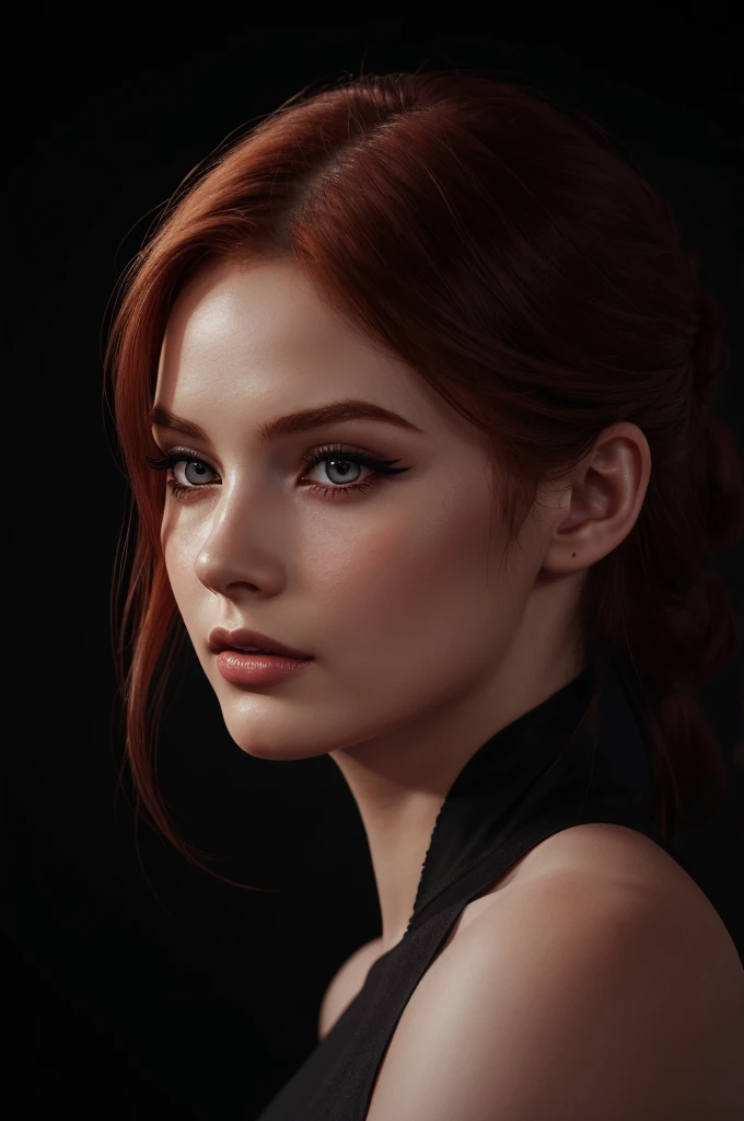 woman with medium-hair , Auburn-red-hair, pale,soft body,eyeliner,portrait, beautiful woman, beautiful female ,beautiful ,eyeliner , elegant, digital painting, smooth, dramatic lighting, ultra realistic, 8k, art , blur backgrond, black background ,black background,black wallpaper