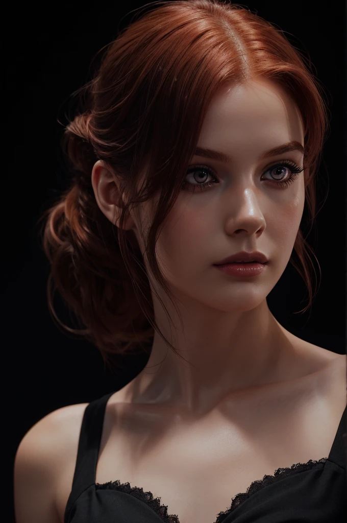 woman with medium-hair , Auburn-red-hair, pale,soft body,eyeliner,portrait, beautiful woman, beautiful female ,beautiful ,eyeliner , elegant, digital painting, smooth, dramatic lighting, ultra realistic, 8k, art , blur backgrond, black background ,black background,black wallpaper