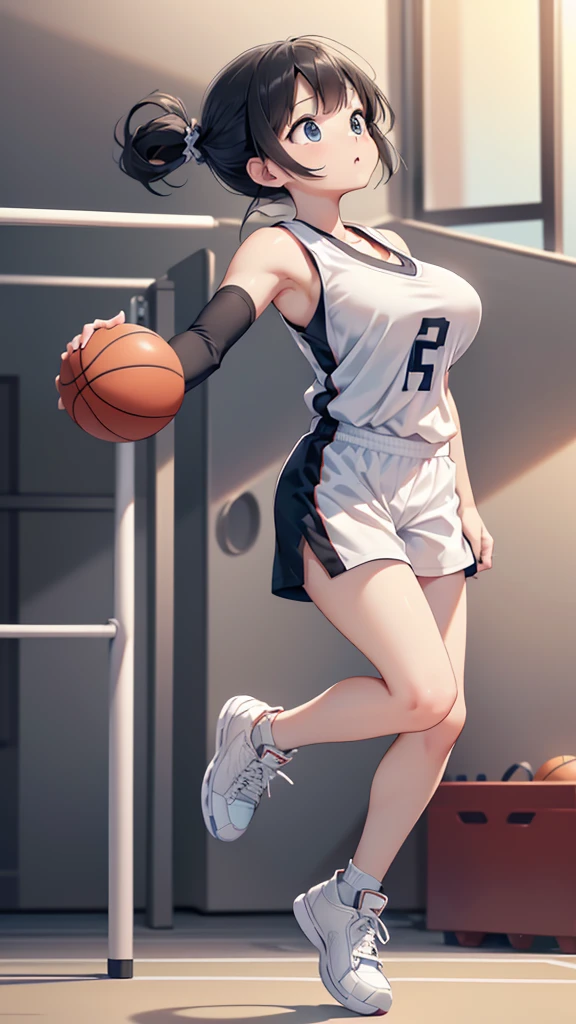 Highest quality、High resolution、Detailed Background、Beautiful Face、High detail、(Perfect Anatomy, Perfect Style)、(Detailed facial expressions)、(fine grain:1.2)、age Beauty、(very wide shot:1.5, full body:1.4), One Girl、, Cute black hair、Braided Bob, Braided, clear, deep blue eyes、Braided Ponytail, Braided bob cut, Basketball game in the gym, jumping:1.5, dunking:1.5, brake, Incredible jumping ability:1.5, Suspended in the air in a shooting position:1.5, Incredible jumping power and long flight times, ((aerial view:1.5, shoot from behind:1.5, looking away)), (Bright red basketball uniform:1.5, White Line、Same color above and below, No sleeve:1.5, Shorts, High-cut basketball shoes)、(armpit:1.2), ((large breasts:1.2, pointy breasts:1.2, high breasts:1.2)), Dunk a basketball held above your head from the top of the basket:1.5、The goal ring is 3m above the ground.