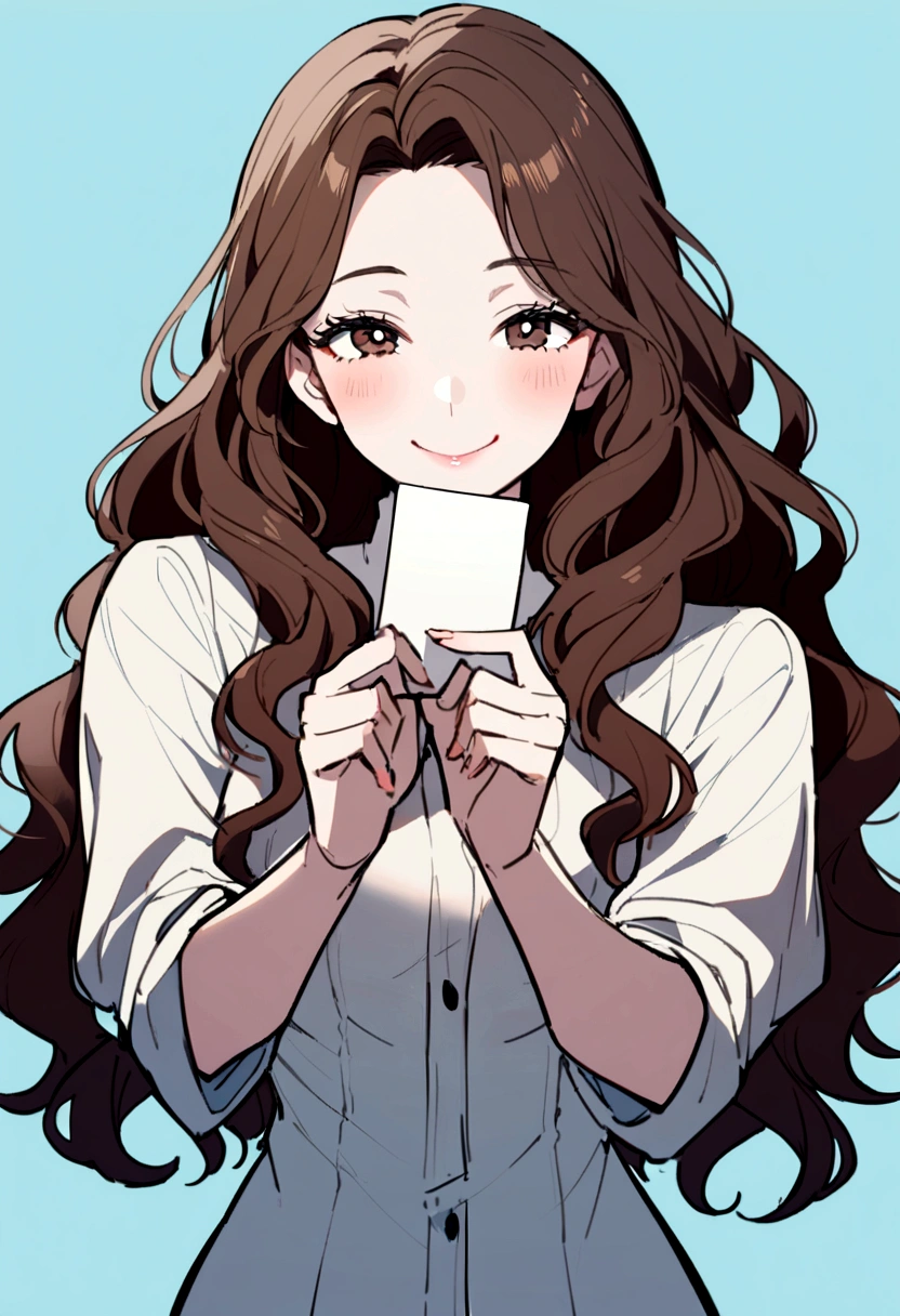 1 adult Caucasian woman with white and fair skin, dark brown eye with western shape, medium length black wavy hair, smiling very happy, holding a postcard. She is happy to have received the cards. light blue background. Positioned facing the camera.
