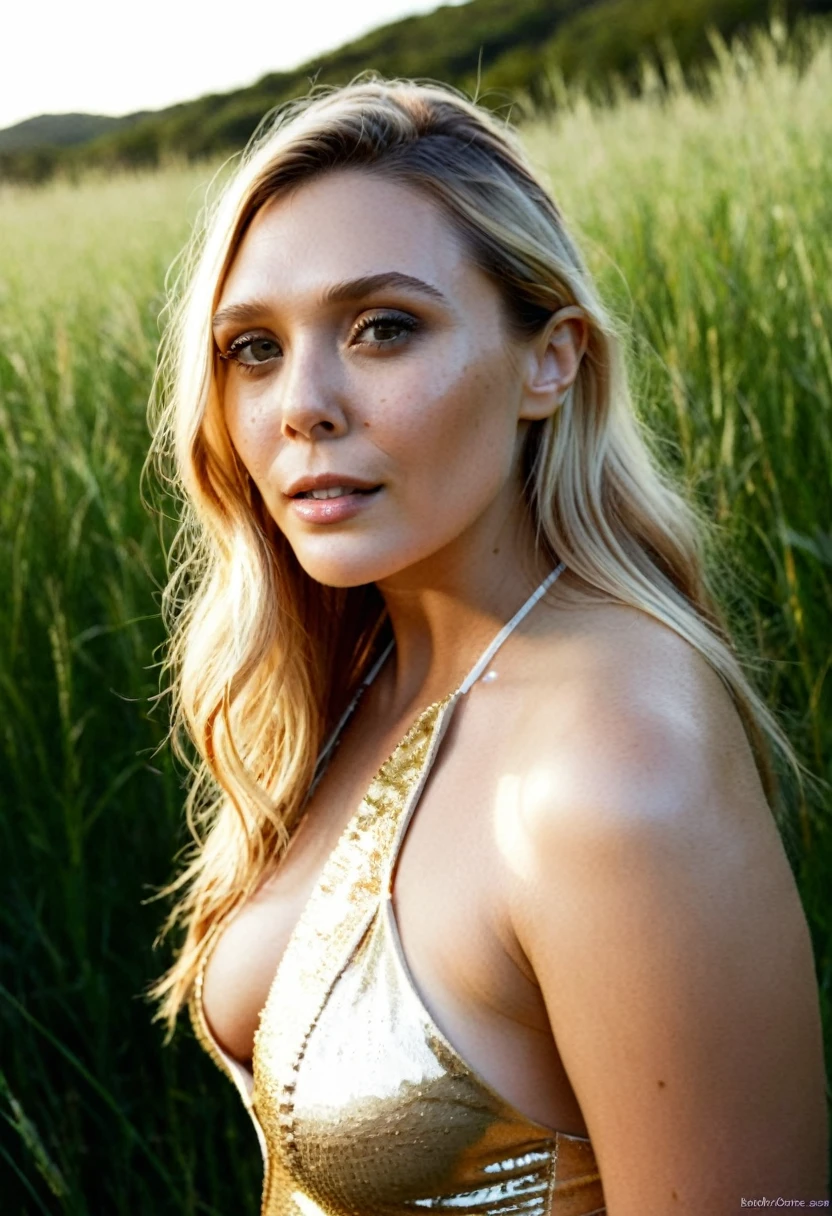 high quality celebrity Erotic photo , 40yo woman ( Elizabeth Olsen , grass land side , photorealistic , celebrity , random click, woman , incredibly whitsh bright blonde hair, freckles on skin,) shiny sweaty skin , sexualized move, erotic angles, flat breast , celebrity erotic photograph , shiny sweaty skin, celebrity, female, woman, hollywood actress , ( natural photorealistic lights, depth of field, detailed face , insanely detailed skin texture, hyper detailed features )