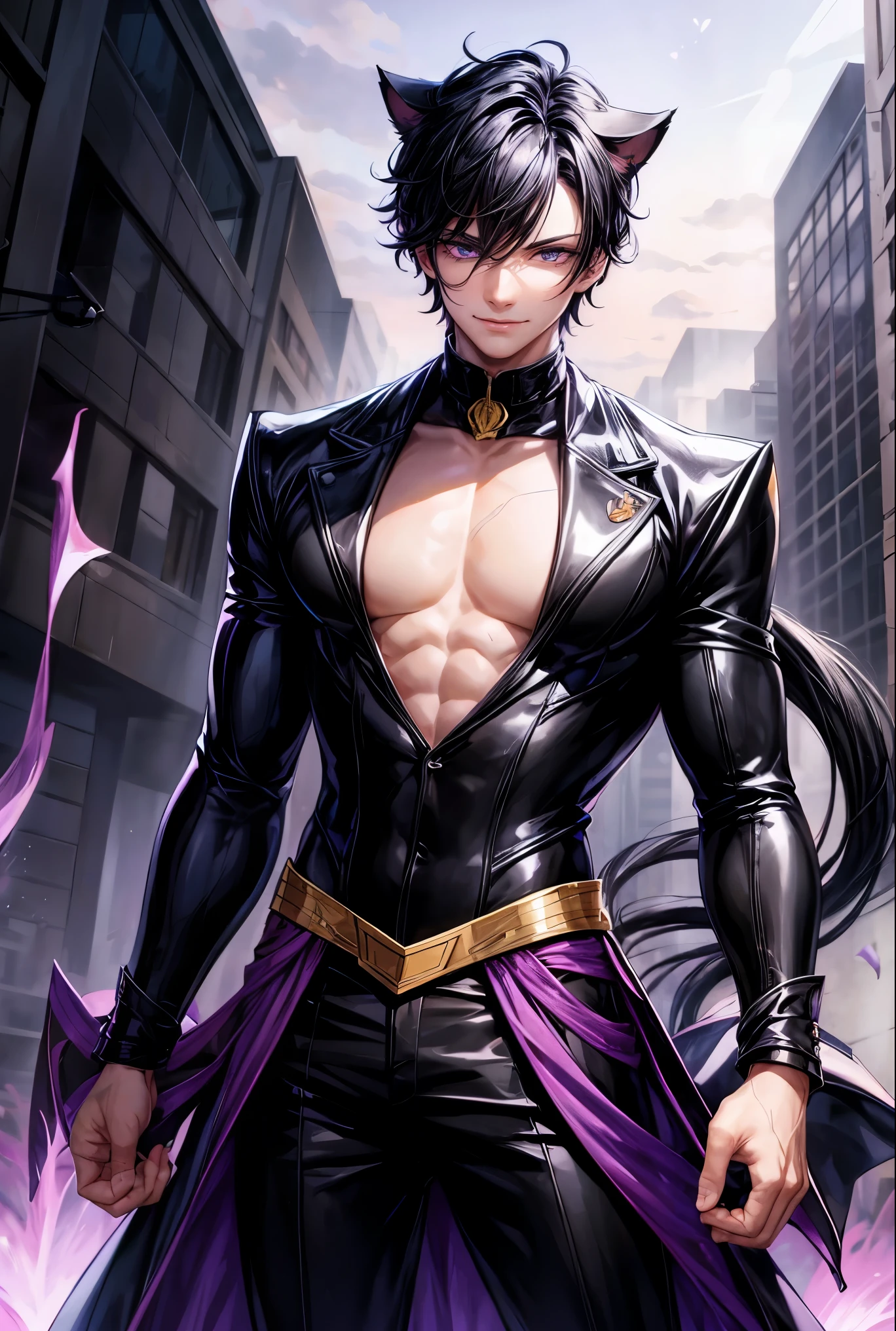 One boy, Shiny black hair, Purple Eyes, Big, pointy cat ears, Cat's Tail, Grinning and staring at the viewer, Mountainous Regions, sunrise, 4K resolution