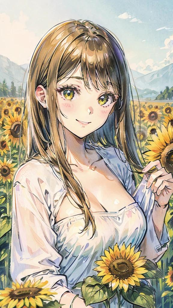 Sunflower field woman beautiful shy smile colored pencil drawing