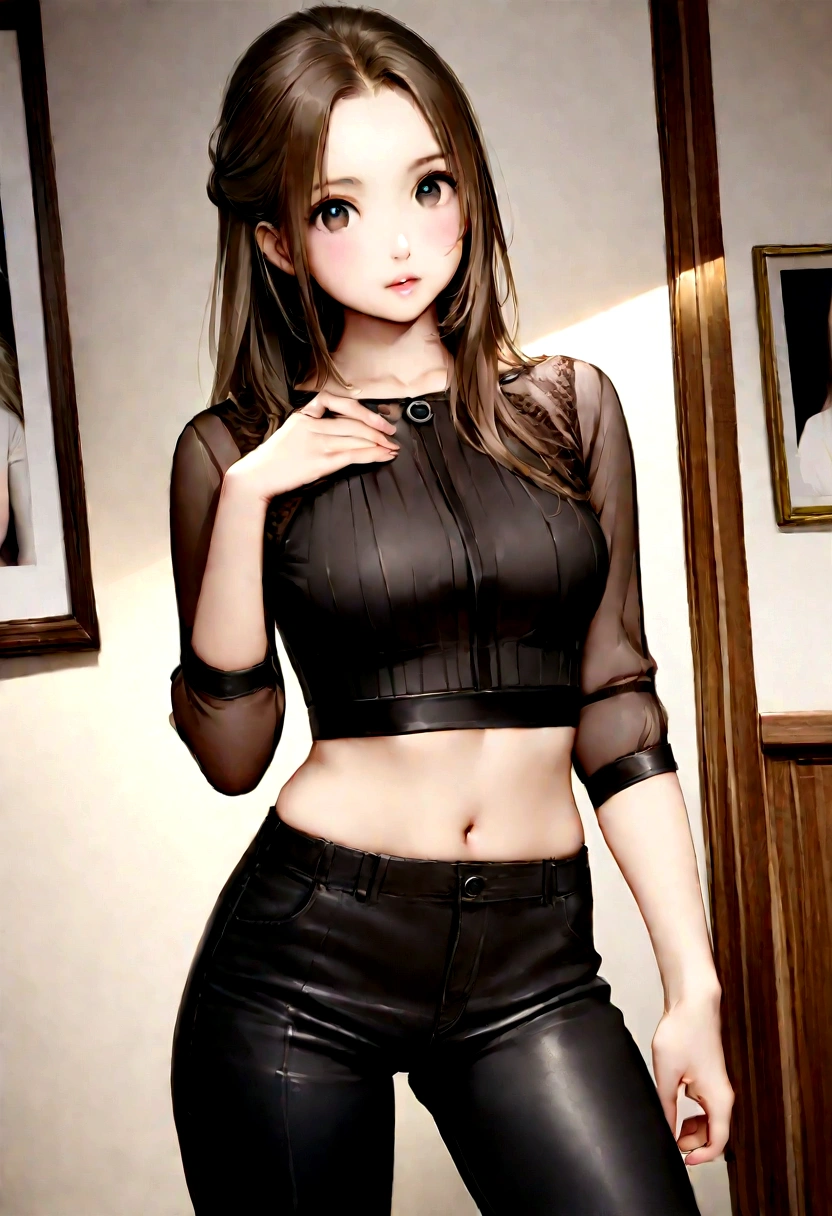 Hyperrealistic photography, mignon , 30 ans, longs cheveux bruns, dressed in black pants with a crop top , photo nette, Regarder le spectateur, Brown hair, long dark brown hair, corps, Model you are looking for, photo réaliste d'une fille. regarde la caméra r 