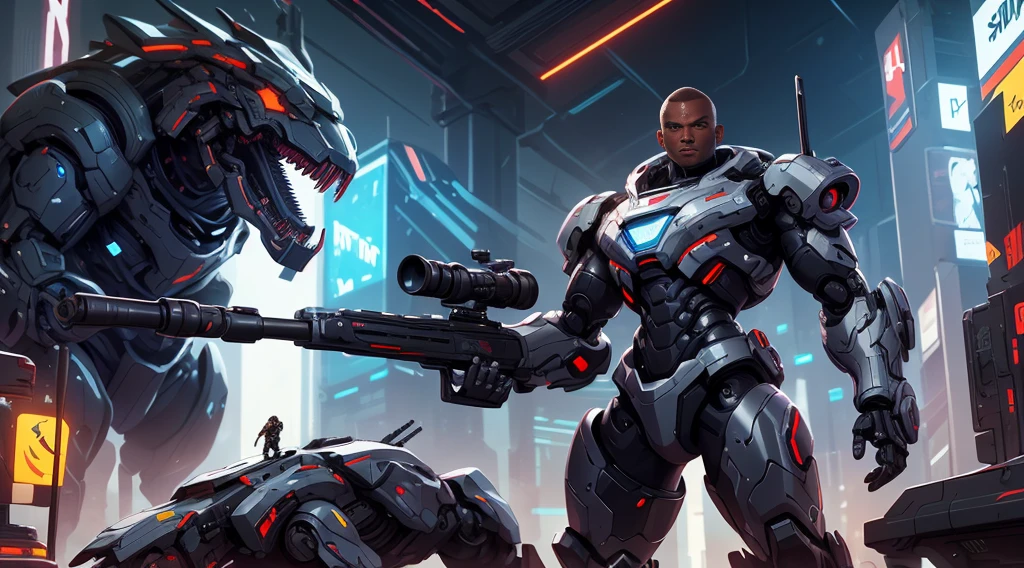 a black-skinned man in a technological military uniform wields a rifle against a metallic robotic beast in a futuristic cyberpunk city