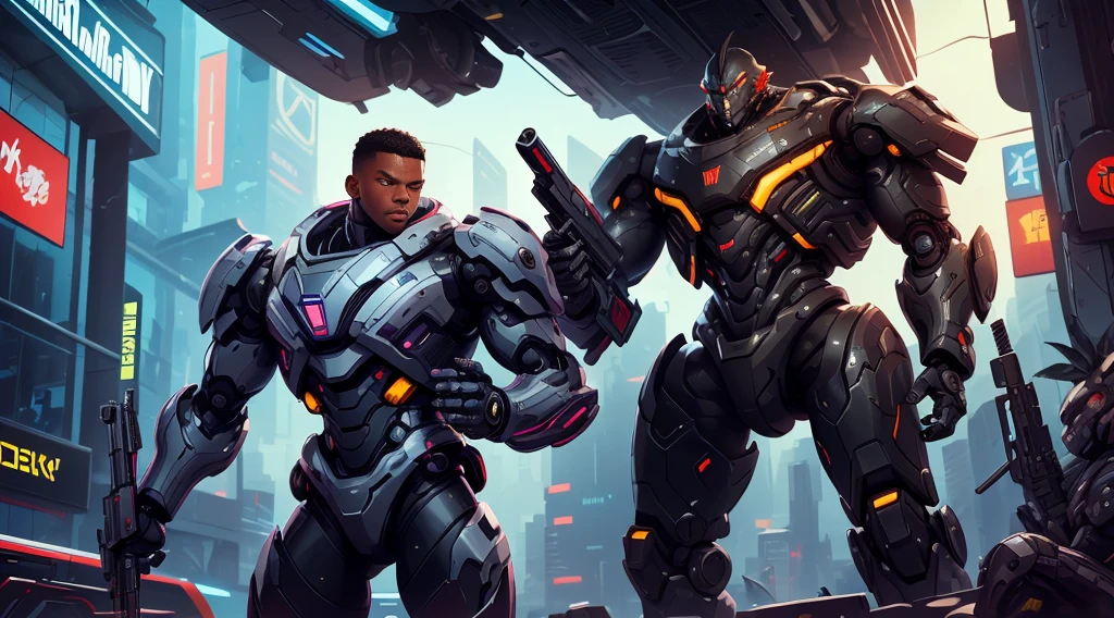 a black-skinned man in a technological military uniform wields a rifle against a metallic robotic beast in a futuristic cyberpunk city
