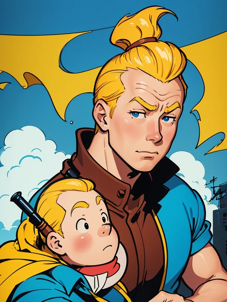 A heroic portrait of Tintin from Hergé's comics, but this is a manga poster from the 80s.
