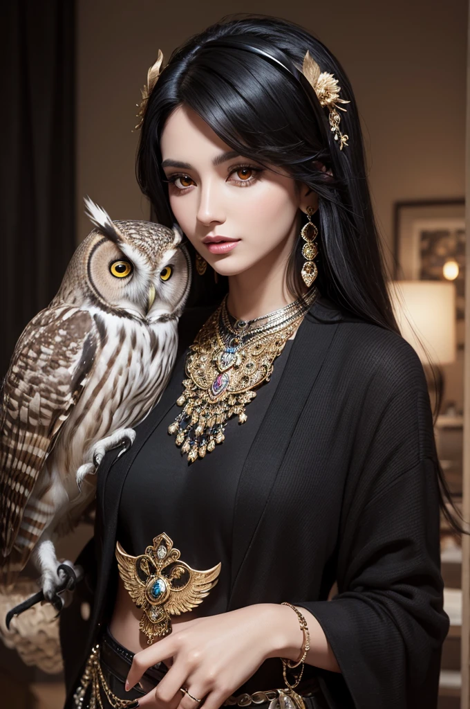 An owl animal with big beautiful black hair with expensive clothes and jewelry in realistic style
