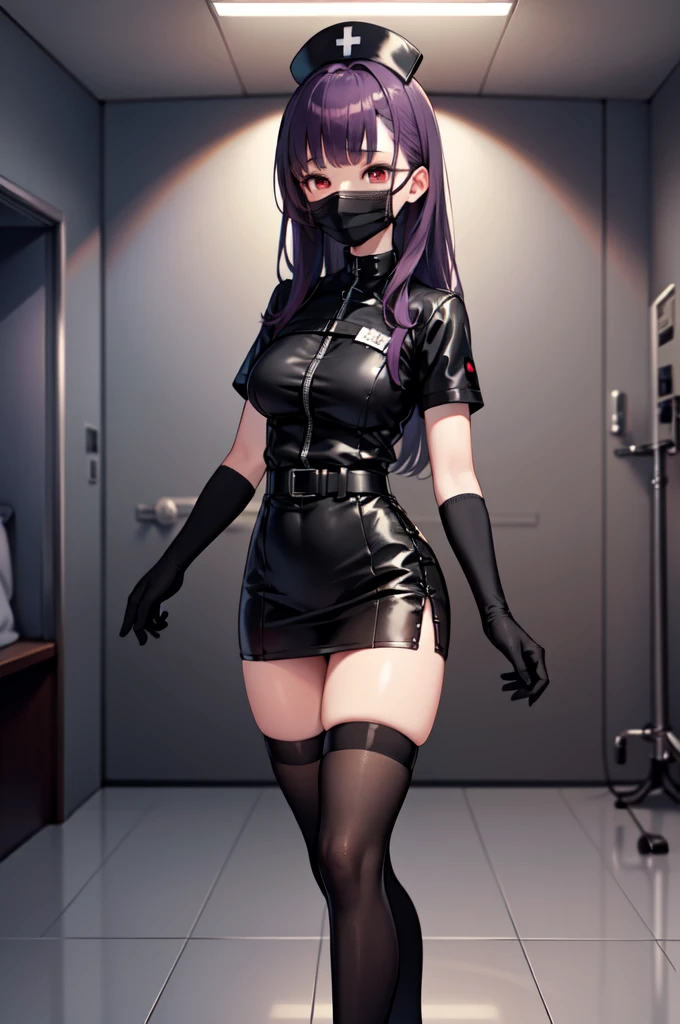 black nurse, 1woman, solo, black nurse cap, black nurse uniform, ((black legwear, zettai ryouiki)), black elbow gloves, long hair, purple hair, red eyes, ((black surgical mask, covered nose)), standing, ((surgery room)), sharp outline, short sleeves, mature female, 35 years old, best quality, masterpiece