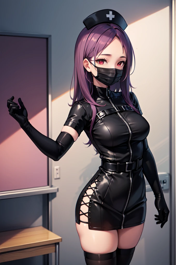 black nurse, 1woman, solo, black nurse cap, black nurse uniform, ((black legwear, zettai ryouiki)), black elbow gloves, long hair, purple hair, red eyes, ((black surgical mask, covered nose)), standing, ((surgery room)), sharp outline, short sleeves, mature female, 35 years old, best quality, masterpiece