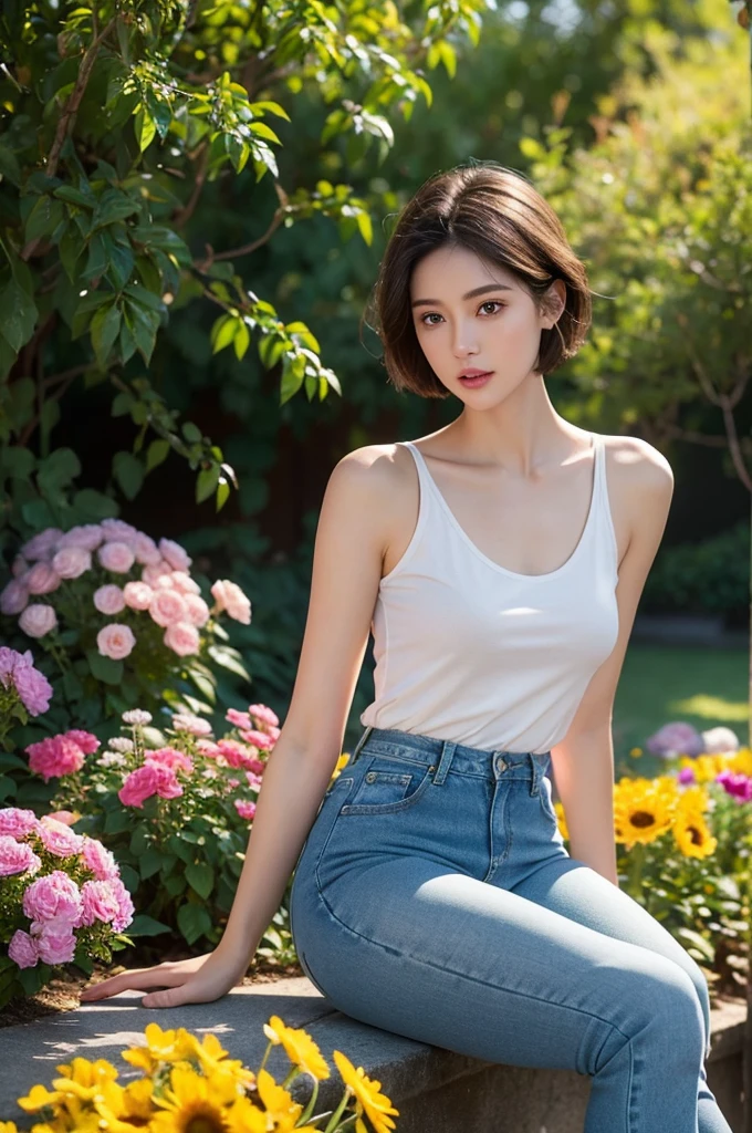 a short haired woman, full body shot, skinny jeans, photorealistic, high quality, detailed face, detailed eyes, detailed lips, detailed skin, detailed clothing, studio lighting, dramatic lighting, cinematic, vibrant colors, natural lighting, warm tones, golden hour, outdoor setting, garden, flowers, nature