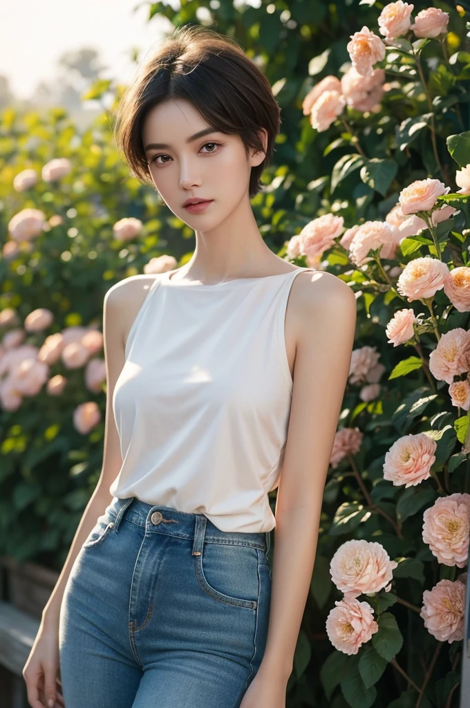 a short haired woman, full body shot, skinny jeans, photorealistic, high quality, detailed face, detailed eyes, detailed lips, detailed skin, detailed clothing, studio lighting, dramatic lighting, cinematic, vibrant colors, natural lighting, warm tones, golden hour, outdoor setting, garden, flowers, nature