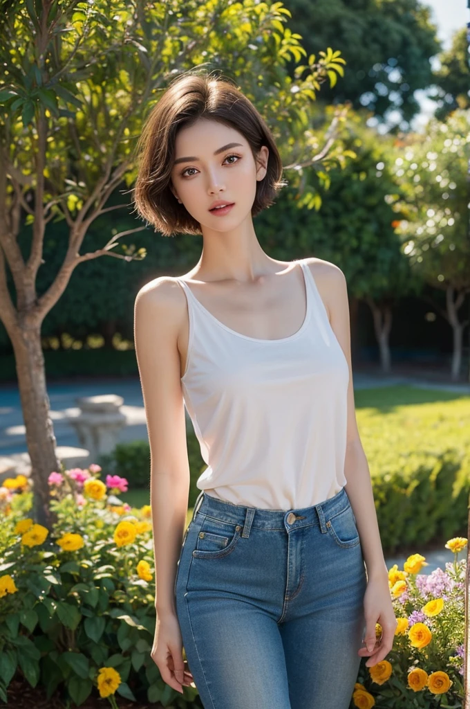 a short haired woman, full body shot, skinny jeans, photorealistic, high quality, detailed face, detailed eyes, detailed lips, detailed skin, detailed clothing, studio lighting, dramatic lighting, cinematic, vibrant colors, natural lighting, warm tones, golden hour, outdoor setting, garden, flowers, nature