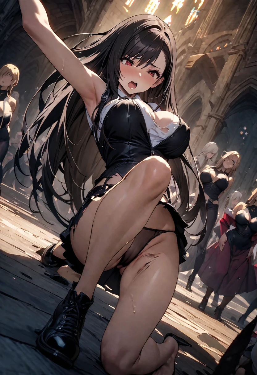 masterpiece, 最high quality, High resolution, Final Fantasy 7、Tifa Lockhart、Black torn clothes 、Black ripped pantyhose、Dark church at night、sexy、Wearing a mini skirt、Thin legs、Big Breasts、Slim figure、high quality CG Tone、Torn black panties、Defeat scene、Losing to a woman、Being knocked down to the floor、Surrounded by women、Tattered、Wriggle your body