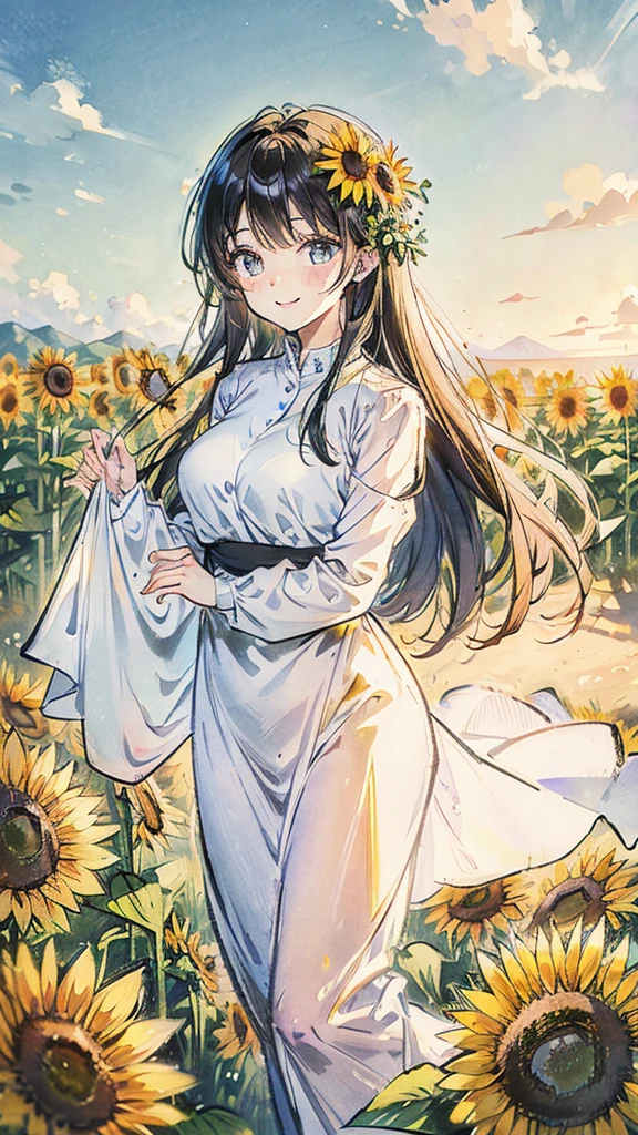 Sunflower field woman beautiful shy smile colored pencil drawing