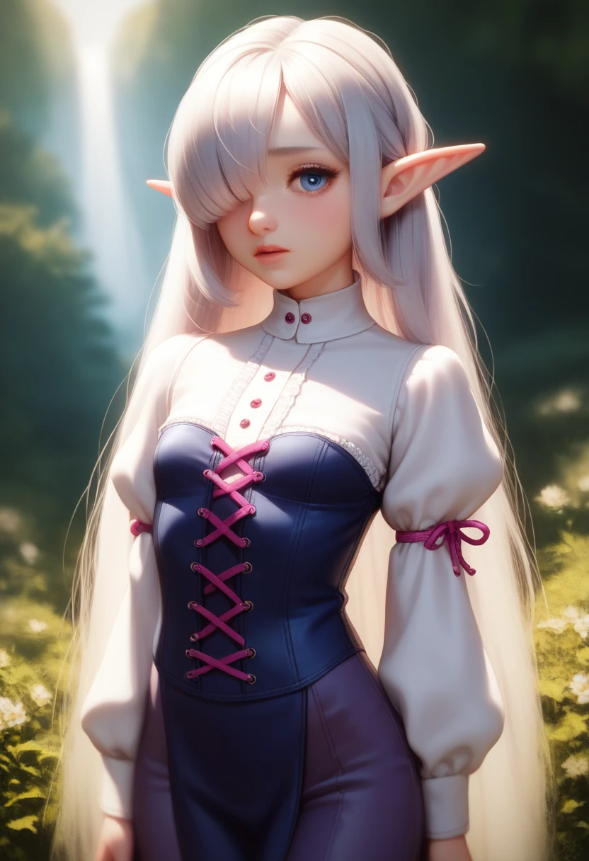 Gnome, gnome girl, detailed skin and cloth textures, beautiful detailed face, intricate details, extremely detailed, 1girl, pale skin, short stature, very long silver hair that curls at the ends, small breasts, pouty lips, dynamic pose with hair covering one eye,  bright blue anime-style eyes with long lashes, shy personality, wearing a leather corset, white puffy-sleeved shirt, and poufy cloth pants tucked into boots, windy fantasy landscape, best quality, 8k, masterpiece, dungeons and dragons, long elf ears, small girl