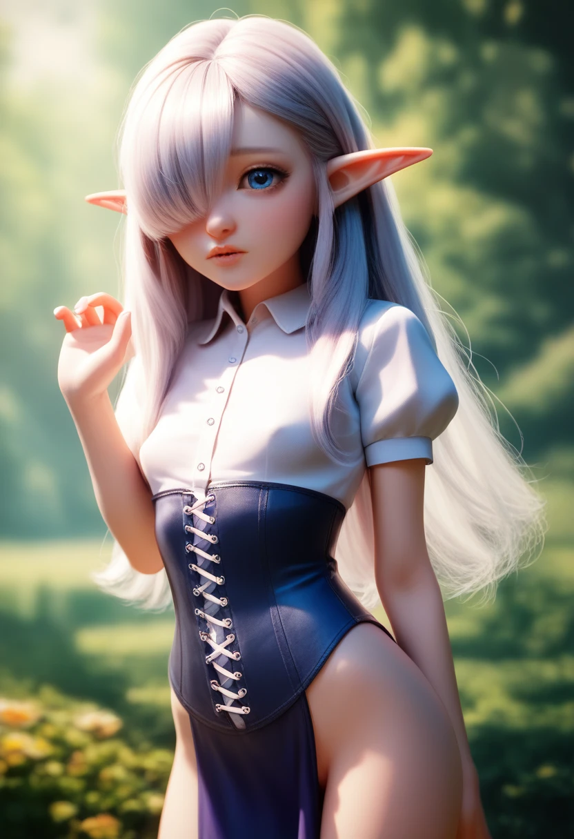 Gnome, gnome girl, detailed skin and cloth textures, beautiful detailed face, intricate details, extremely detailed, 1girl, pale skin, short stature, very long silver hair that curls at the ends, small breasts, pouty lips, dynamic pose with hair covering one eye,  bright blue anime-style eyes with long lashes, shy personality, wearing a leather corset, white puffy-sleeved shirt, and poufy cloth pants tucked into boots, windy fantasy landscape, best quality, 8k, masterpiece, dungeons and dragons, long elf ears, small girl